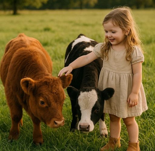mini cows with a little girl